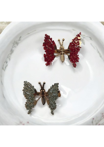 Kanatları Hareketli Şeffaf Boncuk Detaylı Kelebek Pens Toka