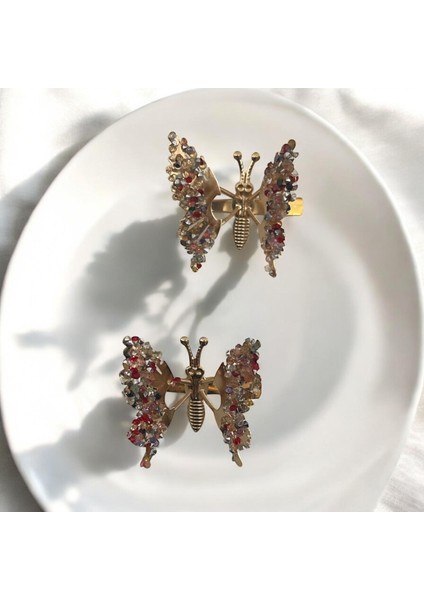 Kanatları Hareketli Şeffaf Boncuk Detaylı Kelebek Pens Toka