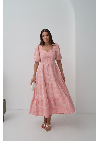 Pembe Süs Düğmeli Balon Kollu Elbise