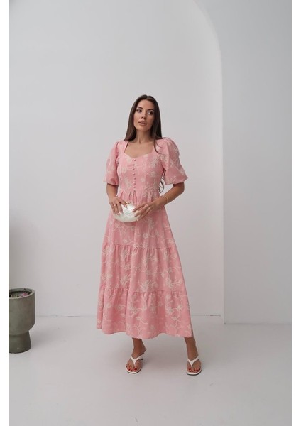 Pembe Süs Düğmeli Balon Kollu Elbise fiyatları