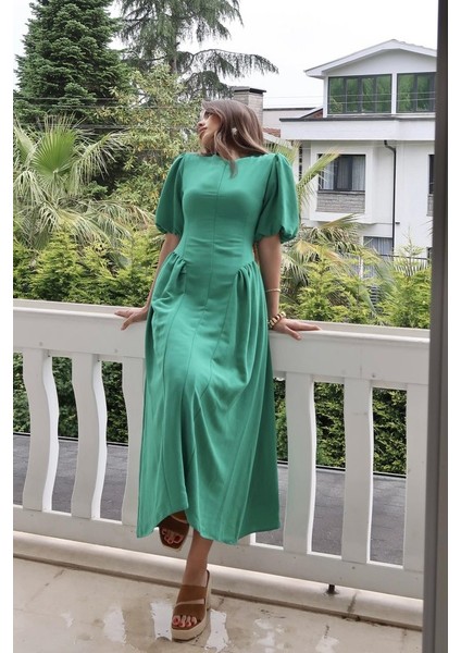 Yeşil Arkadan Bağlamalı Büzgülü Keten Elbise modelleri