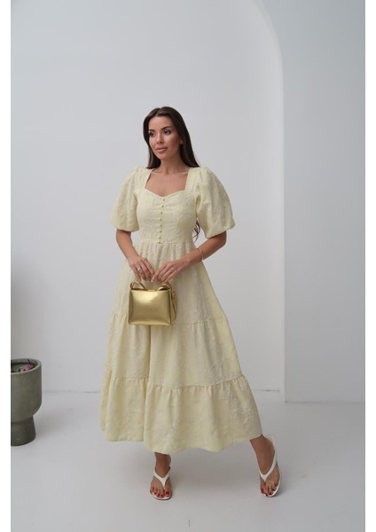Miracotton Sarı Süs Düğmeli Balon Kollu Elbise