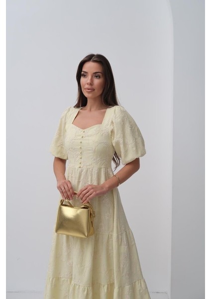 Miracotton Sarı Süs Düğmeli Balon Kollu Elbise fırsatları