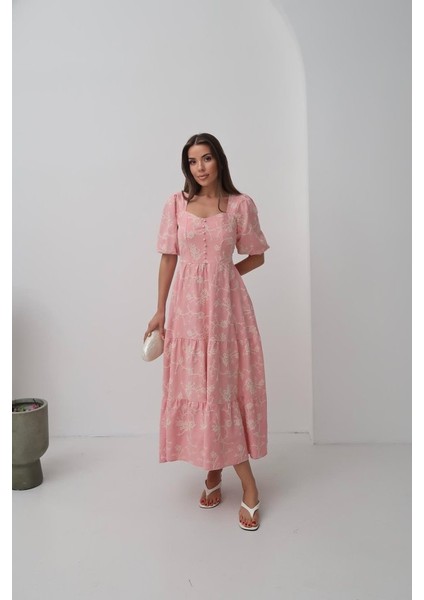 Pembe Süs Düğmeli Balon Kollu Elbise modelleri