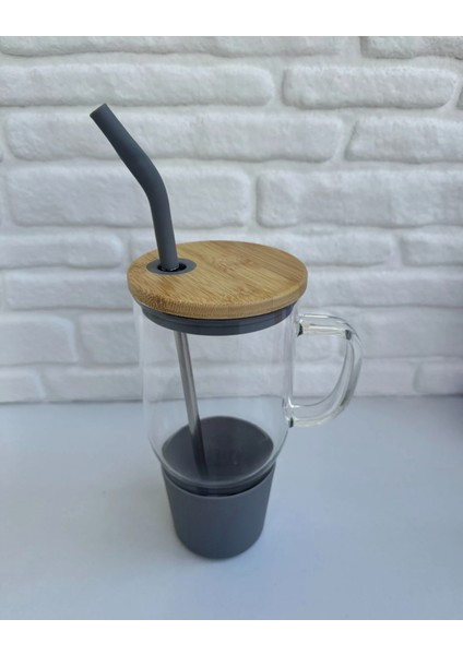 Bambu Kapaklı Paslanmaz Çelik Pipetli Renkli Silikon Başlıklı Cam Big Mug Bardak Kupa Termos 1 L