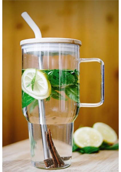 Bambu Kapaklı Paslanmaz Çelik Pipetli Renkli Silikon Başlıklı Cam Big Mug Bardak Kupa Termos 1 L