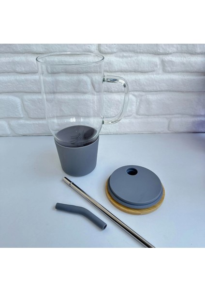 Bambu Kapaklı Paslanmaz Çelik Pipetli Renkli Silikon Başlıklı Cam Big Mug Bardak Kupa Termos 1 L