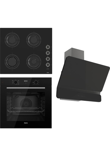 Flowart-Flameart Serisi Siyah Set (CS205-FA + QBL63CS +D080 ) - Emaye Izgara / Kademeli Musluk