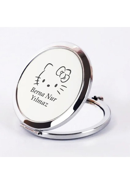 Kişiye Özel İsimli Hello Kitty Baskılı Daire Metal Ayna Çanta, Cep ve Makyaj Aynası