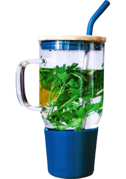 Bambu Kapaklı Paslanmaz Çelik Pipetli Renkli Silikon Başlıklı Cam Big Mug Bardak Kupa Termos 1 L