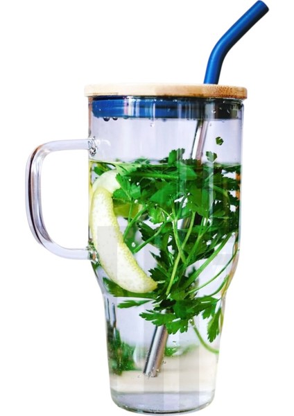 Bambu Kapaklı Paslanmaz Çelik Pipetli Renkli Silikon Başlıklı Cam Big Mug Bardak Kupa Termos 1 L