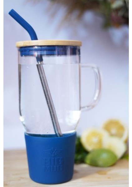 Bambu Kapaklı Paslanmaz Çelik Pipetli Renkli Silikon Başlıklı Cam Big Mug Bardak Kupa Termos 1 L