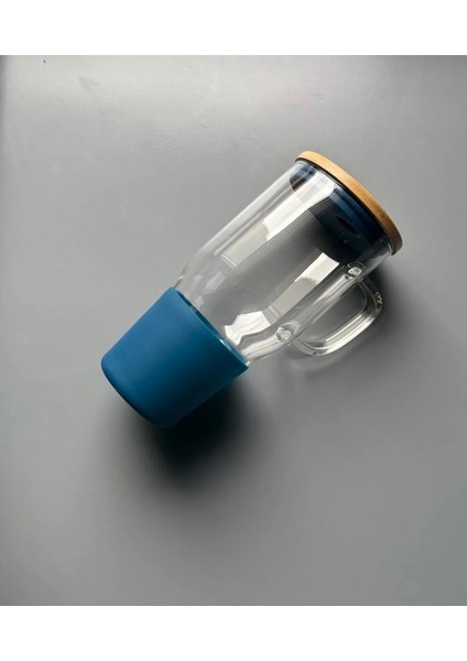 Bambu Kapaklı Paslanmaz Çelik Pipetli Renkli Silikon Başlıklı Cam Big Mug Bardak Kupa Termos 1 L