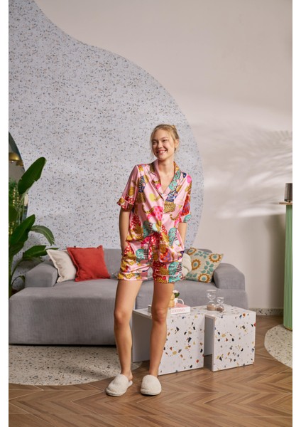 Saten Kısa Kollu Gecelik Leopashion Desen Alt Üst Takım