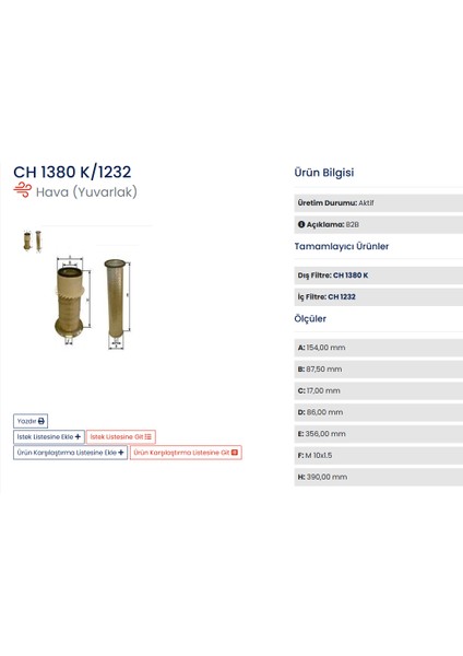 Şampiyon Ch 1380K / 1232 Hava Filtresi (Takım)