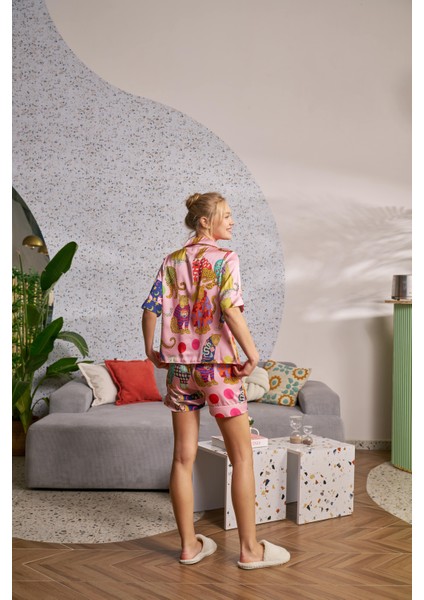 Saten Kısa Kollu Gecelik Leopashion Desen Alt Üst Takım fiyatları