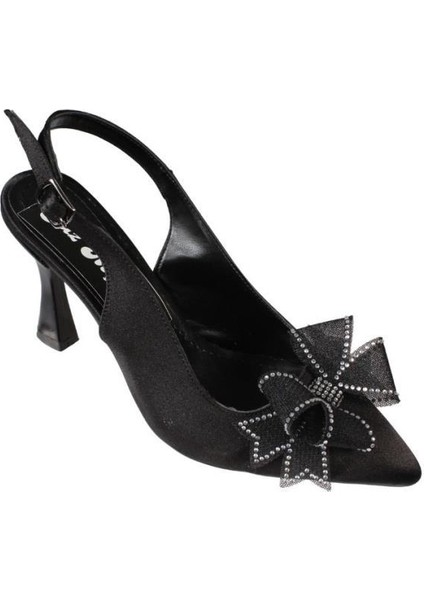 Yazkış Kadın Siyah Gümüş Saten Üzeri Fiyonk Toka 9cm Kadeh Topuk Arkası Açık Steletto Ayakkabı