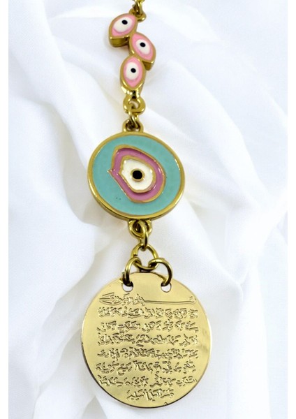 Pembe Nazarlı Salkım Metal Ayetel Kürsi Araba Dikiz Ayna Süsü, Yeni Araba Hediyesi