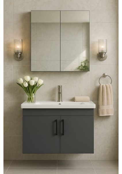 Liventa 65 cm Antrasit Renkli, Seramik Lavabolu, Mdf Banyo Dolabı Takımı
