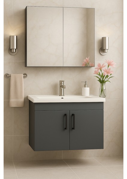 Liventa 65 cm Antrasit Renkli, Seramik Lavabolu, Mdf Banyo Dolabı Takımı modelleri