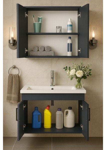 Liventa 65 cm Antrasit Renkli, Seramik Lavabolu, Mdf Banyo Dolabı Takımı fırsatları
