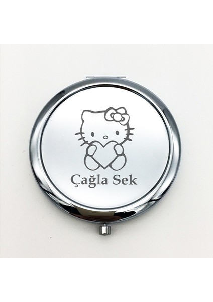 Kişiye Özel İsimli Hello Kitty Baskılı Daire Metal Ayna Çanta, Cep ve Makyaj Aynası