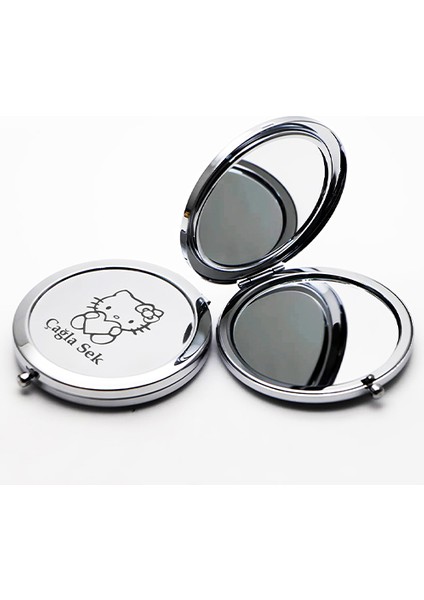 Kişiye Özel İsimli Hello Kitty Baskılı Daire Metal Ayna Çanta, Cep ve Makyaj Aynası fırsatları