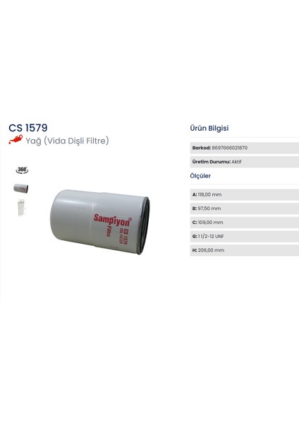 Şampiyon CS1579 Yağ Filtresi (W12205-ZP50-LF3622- LF3622SC- LF3478)