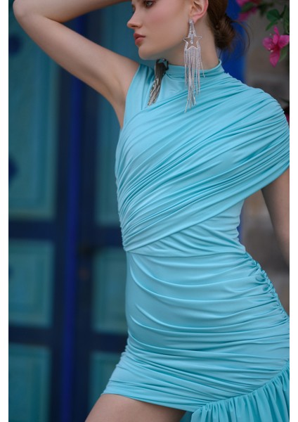 Mavi Drapeli Kuşak Detaylı Bodycon Mini Elbise