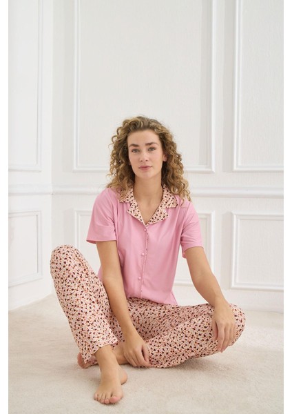 Kadın Desenli Polo Yaka Kısa Kol Pijama Takım | Pembe 30101-970