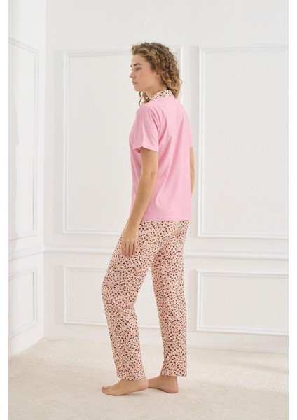 Kadın Desenli Polo Yaka Kısa Kol Pijama Takım | Pembe 30101-970
