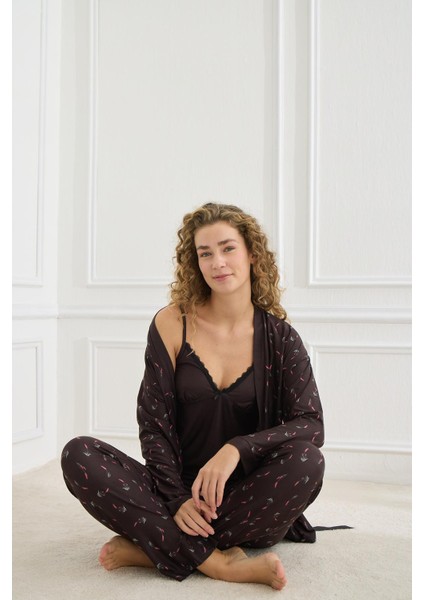 Kadın Desenli Ip Askılı Sabahlıklı 3'lü Pijama Takım | Siyah 30201-952