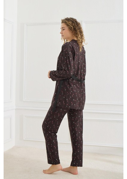 Kadın Desenli Ip Askılı Sabahlıklı 3'lü Pijama Takım | Siyah 30201-952