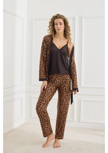 Kadın Leopar Desen Ip Askılı Sabahlıklı 3'lü Pijama Takım | Siyah 30201-951