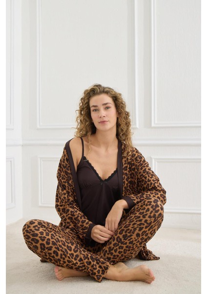 Kadın Leopar Desen Ip Askılı Sabahlıklı 3'lü Pijama Takım | Siyah 30201-951 fiyatları