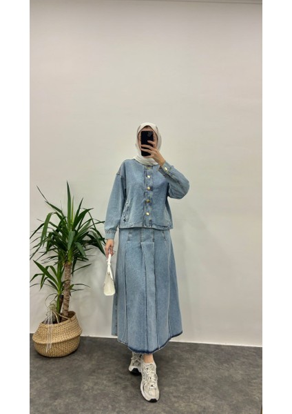 5264 - Şık Rahat Pile Detaylı Kadın Kot Etek Ceket Takımı