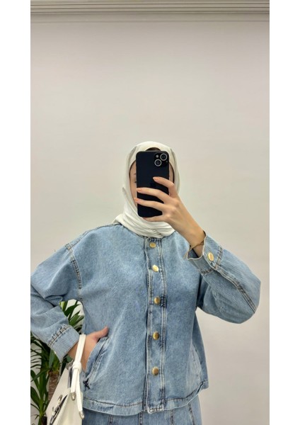 5264 - Şık Rahat Pile Detaylı Kadın Kot Etek Ceket Takımı modelleri