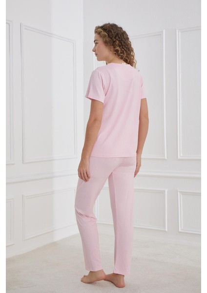 Kadın Yıldız Desenli Bisiklet Yaka Pijama Takım | Pembe 80601-1237 modelleri