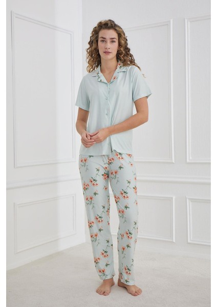 Kadın Marla Desenli Polo Yaka Önden Düğmeli Pijama Takım | Mint 30101-948