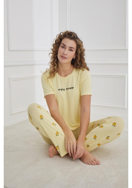 Kadın Limon Desenli Bisiklet Yaka Pijama Takım | Sarı 80601-1238 fiyatları