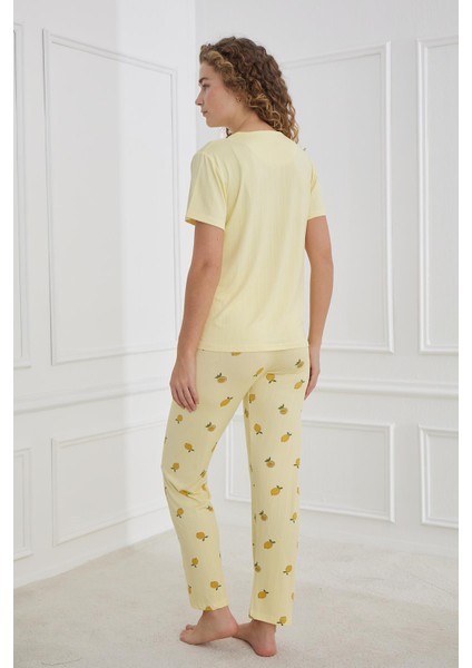 Kadın Limon Desenli Bisiklet Yaka Pijama Takım | Sarı 80601-1238 modelleri