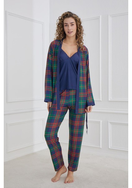 Kadın Ekose Desenli Ip Askılı Sabahlıklı 3'lü Pijama Takım | Lacivert 30201-966