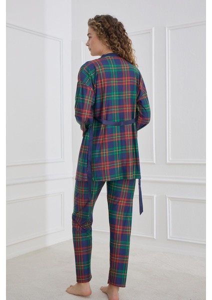 Kadın Ekose Desenli Ip Askılı Sabahlıklı 3'lü Pijama Takım | Lacivert 30201-966 modelleri