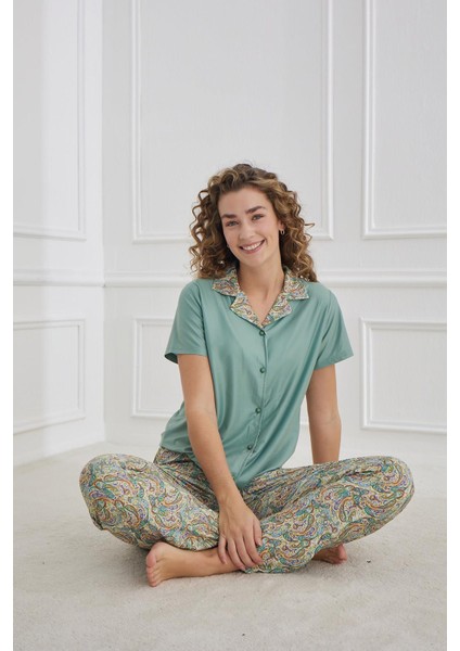 Kadın Polo Yaka Şal Desenli Önden Düğmeli Pijama Takımı | Mint 30101-1278 fiyatları