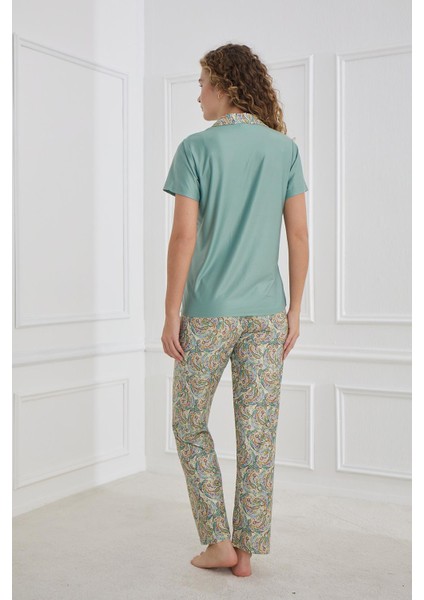 Kadın Polo Yaka Şal Desenli Önden Düğmeli Pijama Takımı | Mint 30101-1278 modelleri
