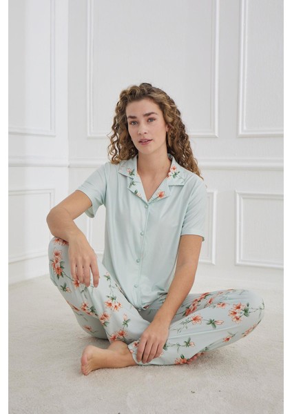Kadın Marla Desenli Polo Yaka Önden Düğmeli Pijama Takım | Mint 30101-948 fiyatları