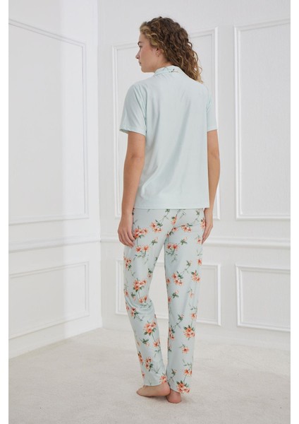 Kadın Marla Desenli Polo Yaka Önden Düğmeli Pijama Takım | Mint 30101-948 modelleri