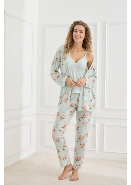 Kadın Çiçek Desenli Ip Askılı Sabahlıklı 3'lü Pijama Takım | Mint 30201-948