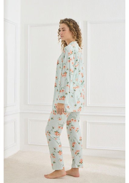 Kadın Çiçek Desenli Ip Askılı Sabahlıklı 3'lü Pijama Takım | Mint 30201-948