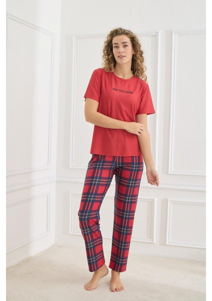 Kadın Ekose Desenli Bisiklet Yaka Pijama Takım | Kırmızı 30102-598